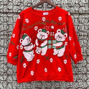 Vint. 1989 Red Christmas teddy bear Winter Granny sweatshirt